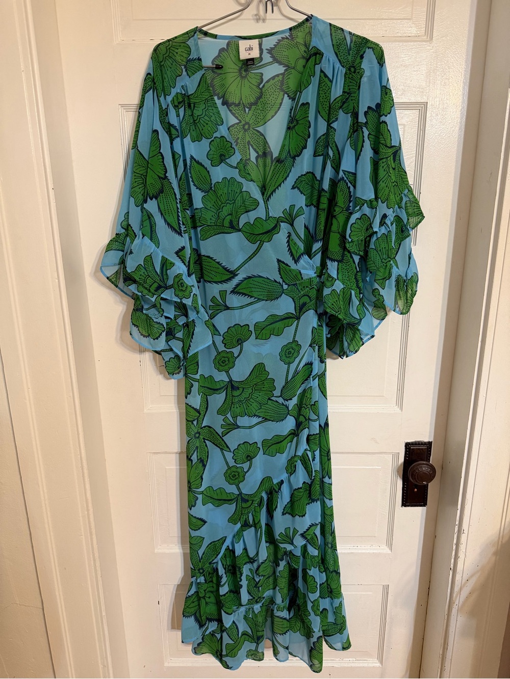 CAbi Sky Blue & Kelly Green Floral Wrap Dress - Picture 7 of 7